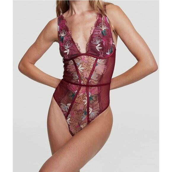 Victoria's Secret Tops - NEW Victoria's Secret Maroon Lace Bodysuit L/XL Thong Floral